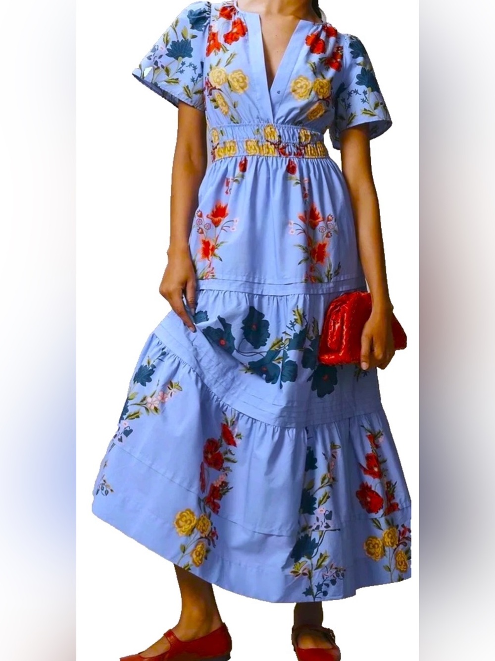 Anthropologie Light Blue Floral Tiered Maxi Dress